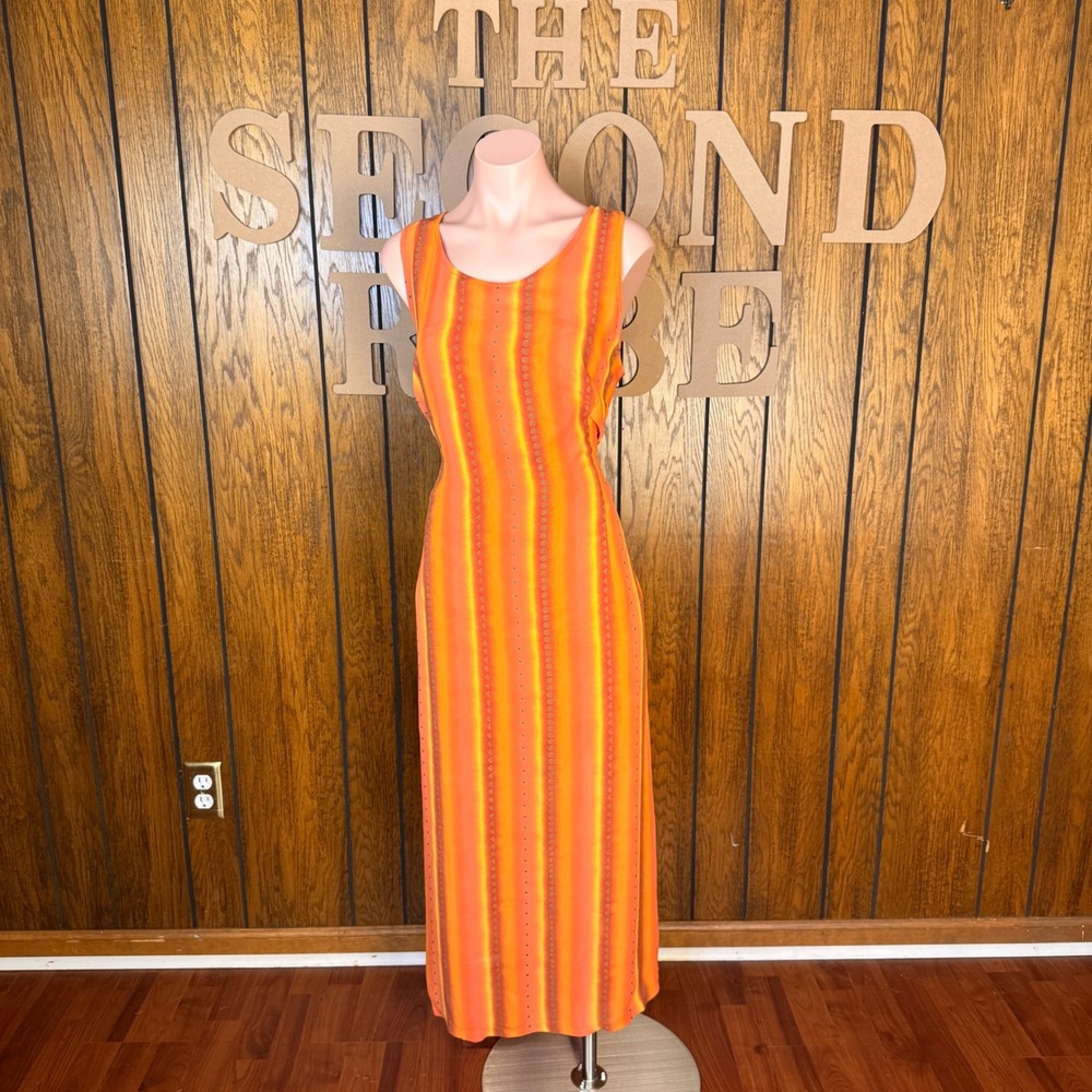 Epogee Maxi Dress Women 14 Orange Yellow Striped Vintage Y2K Boho Whimsigoth 90s